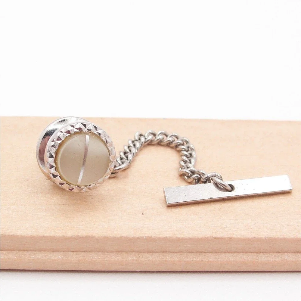 Vintage Silver Tone Faux Cat Eye Moonglow Lucite Tie Tack Pin With Bar Chain